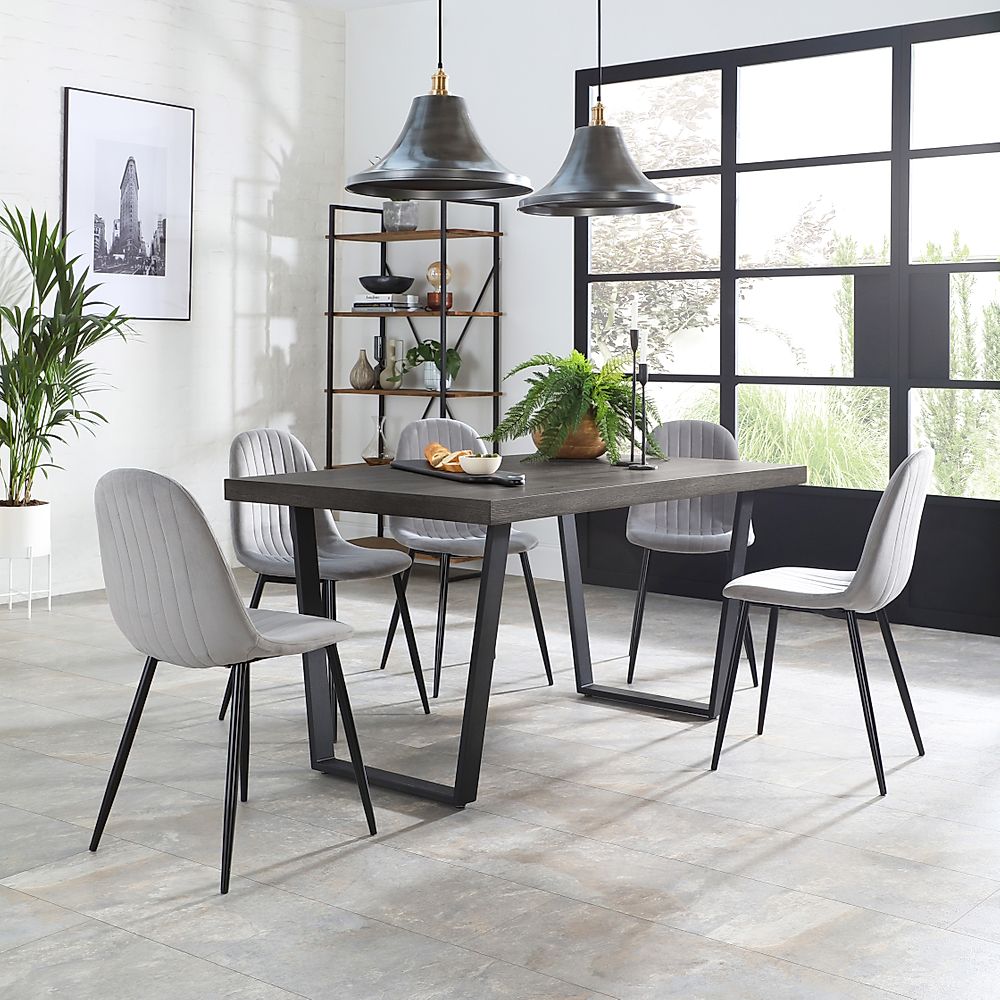 Addison Dining Table & 4 Brooklyn Chairs, Grey Oak Veneer & Black Steel, Grey Classic Velvet, 150cm