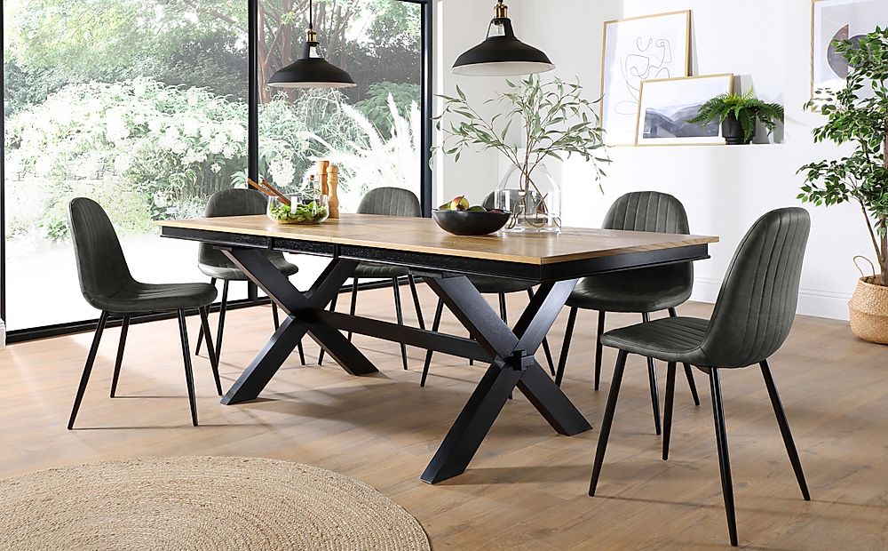 Grange Extending Dining Table & 4 Brooklyn Chairs, Natural Oak Veneer & Black Solid Hardwood, Vintage Grey Classic Faux Leather & Black Steel, 180-220cm