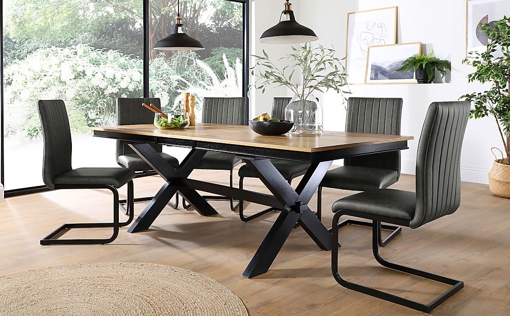 Grange Extending Dining Table & 4 Perth Chairs, Natural Oak Veneer & Black Solid Hardwood, Vintage Grey Classic Faux Leather & Black Steel, 180-220cm