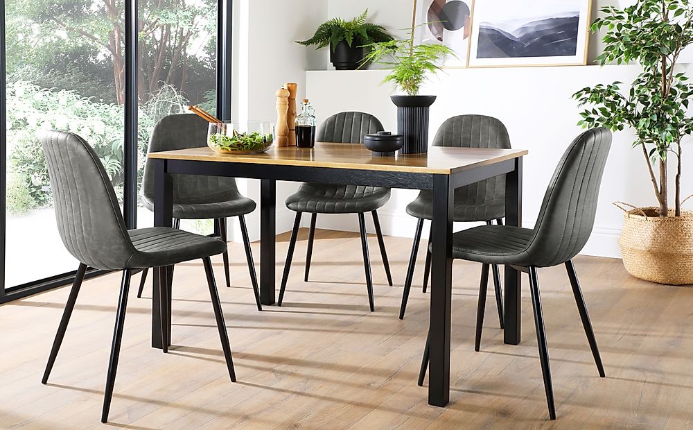 Milton Dining Table & 6 Brooklyn Chairs, Natural Oak Finish & Black Solid Hardwood, Vintage Grey Classic Faux Leather & Black Steel, 120cm