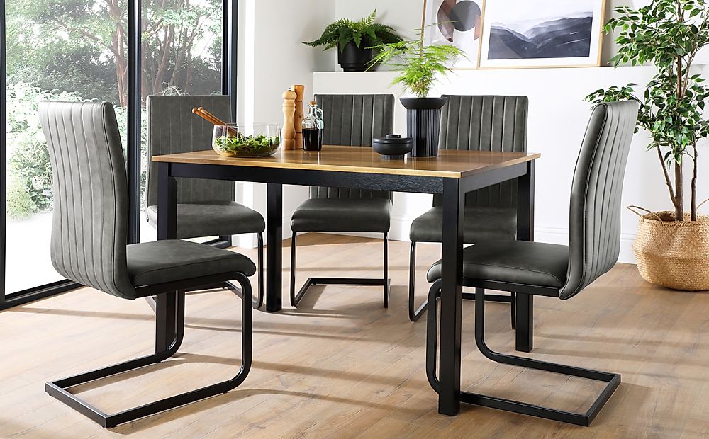 Milton Dining Table & 6 Perth Chairs, Natural Oak Finish & Black Solid Hardwood, Vintage Grey Classic Faux Leather & Black Steel, 120cm