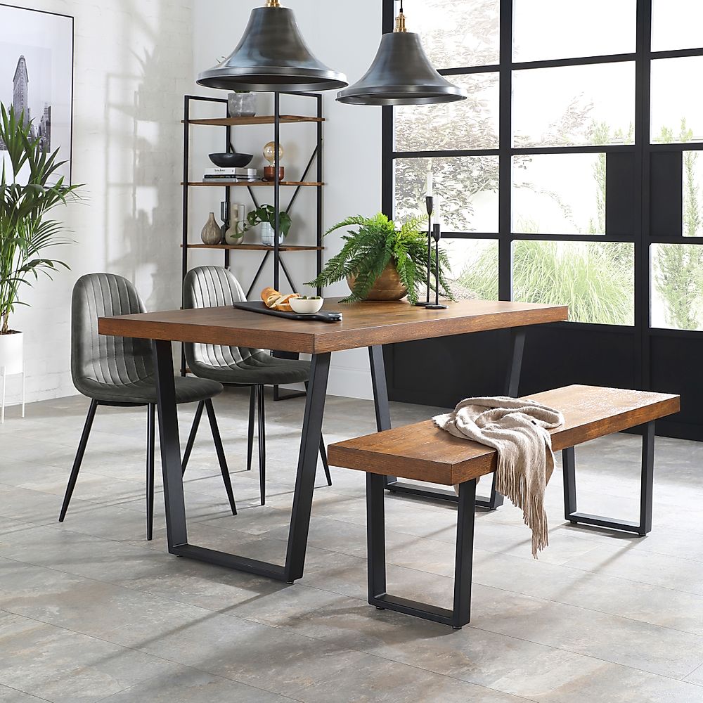 Addison Industrial Dining Table, Bench & 4 Brooklyn Chairs, Dark Oak Veneer & Black Steel, Vintage Grey Classic Faux Leather, 150cm