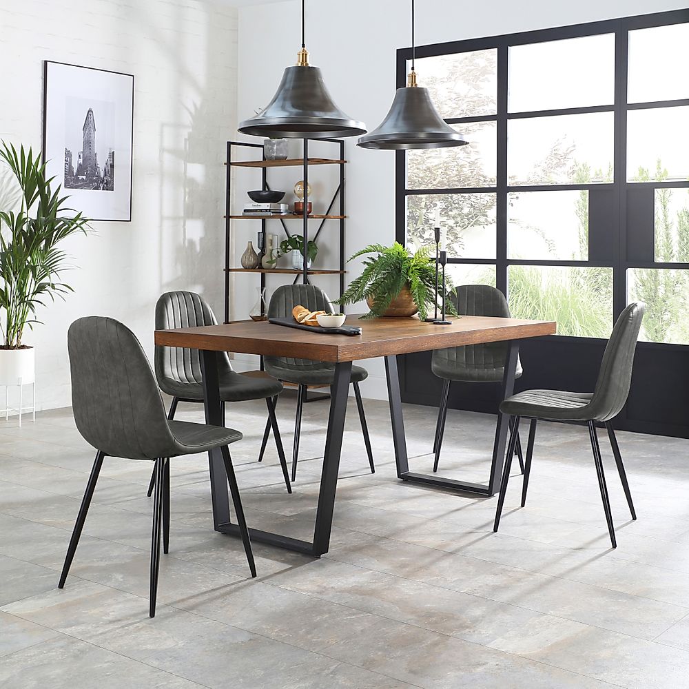 Addison Industrial Dining Table & 6 Brooklyn Chairs, Dark Oak Veneer & Black Steel, Vintage Grey Classic Faux Leather, 150cm