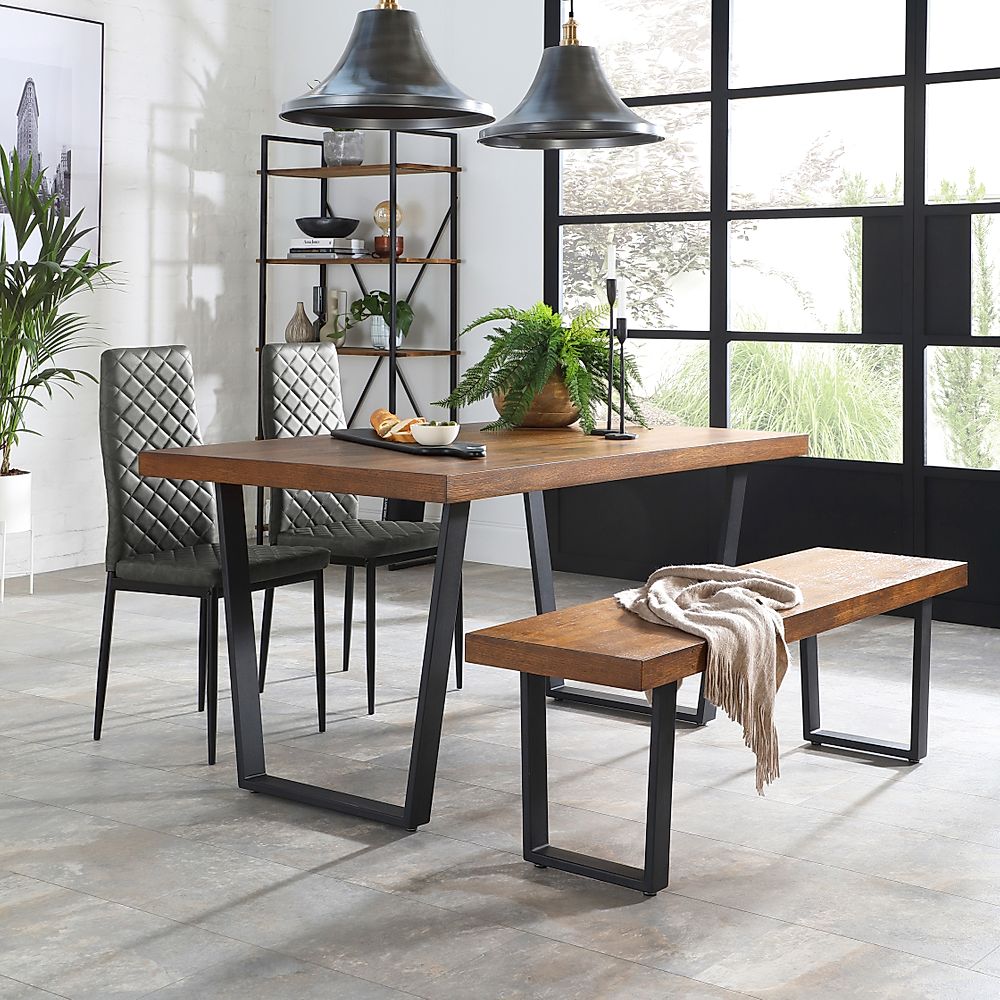 Addison Industrial Dining Table, Bench & 2 Renzo Chairs, Dark Oak Veneer & Black Steel, Vintage Grey Classic Faux Leather, 150cm