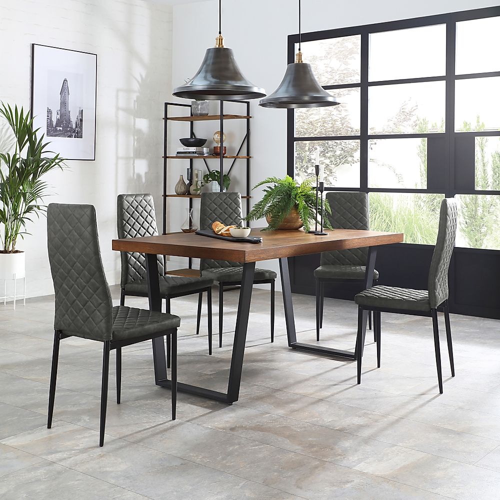 Addison Industrial Dining Table & 4 Renzo Chairs, Dark Oak Veneer & Black Steel, Vintage Grey Classic Faux Leather, 150cm