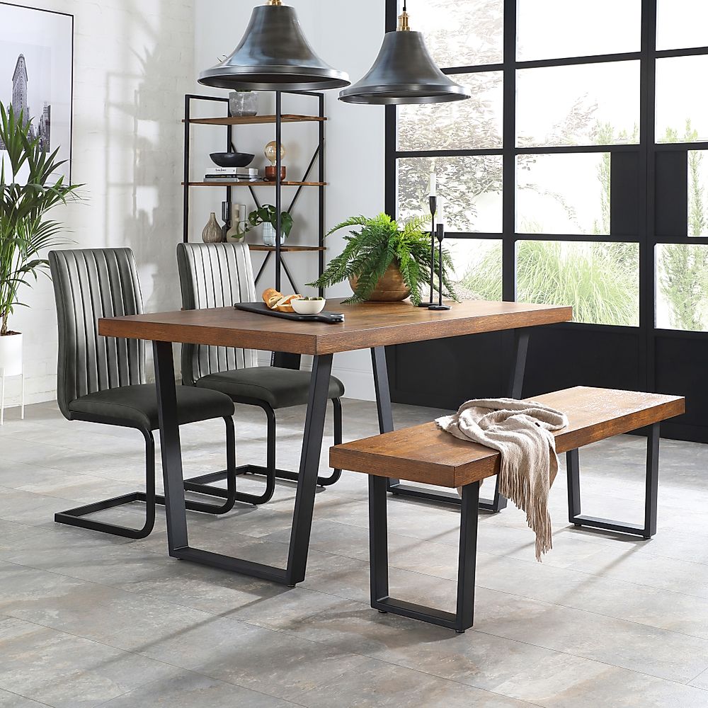 Addison Industrial Dining Table, Bench & 4 Perth Chairs, Dark Oak Veneer & Black Steel, Vintage Grey Classic Faux Leather, 150cm