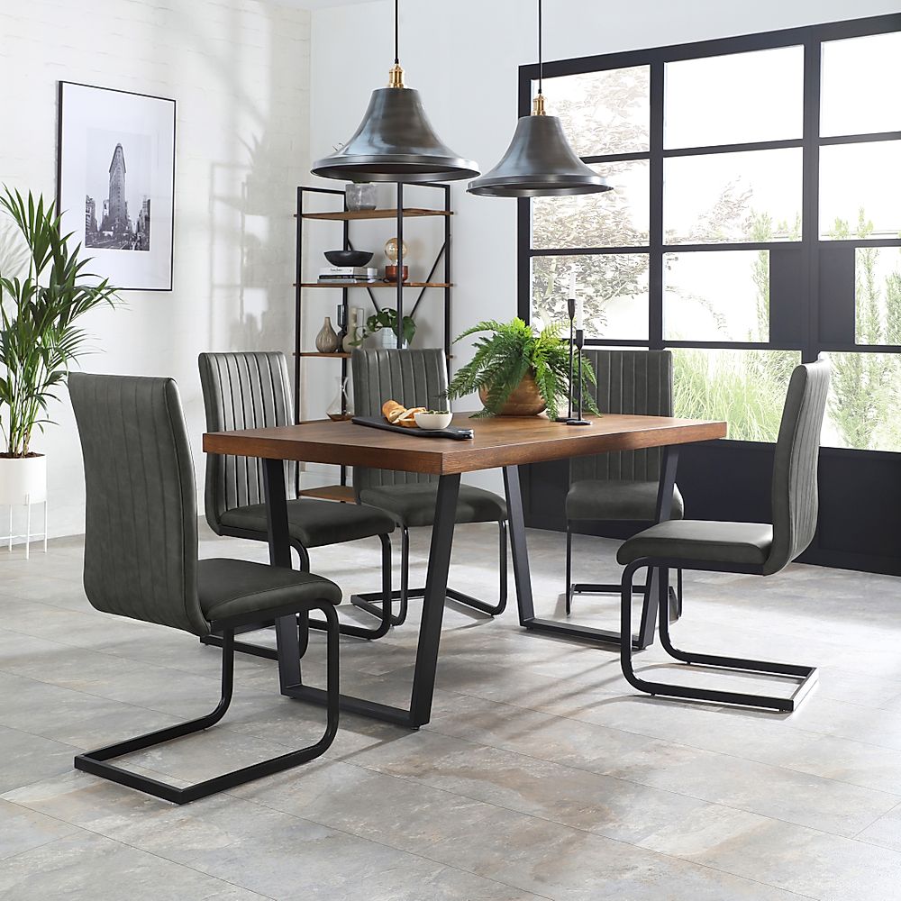 Addison Industrial Dining Table & 4 Perth Chairs, Dark Oak Veneer & Black Steel, Vintage Grey Classic Faux Leather, 150cm