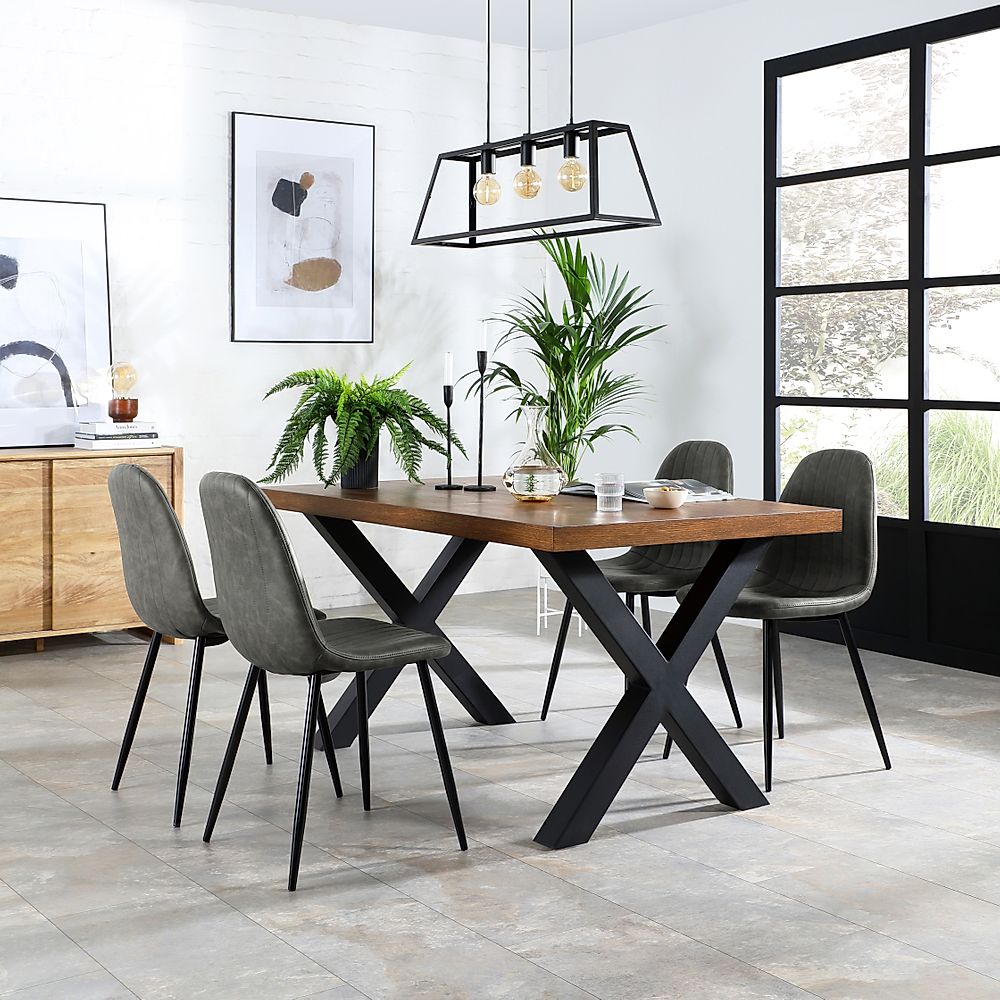 Franklin Industrial Dining Table & 4 Brooklyn Chairs, Dark Oak Veneer & Black Steel, Vintage Grey Classic Faux Leather, 150cm