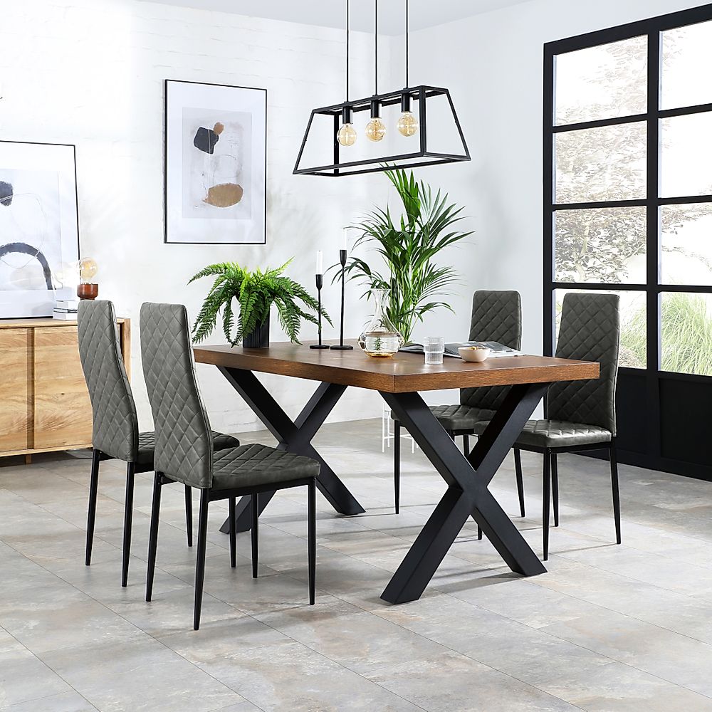 Franklin Industrial Dining Table & 4 Renzo Chairs, Dark Oak Veneer & Black Steel, Vintage Grey Classic Faux Leather, 150cm