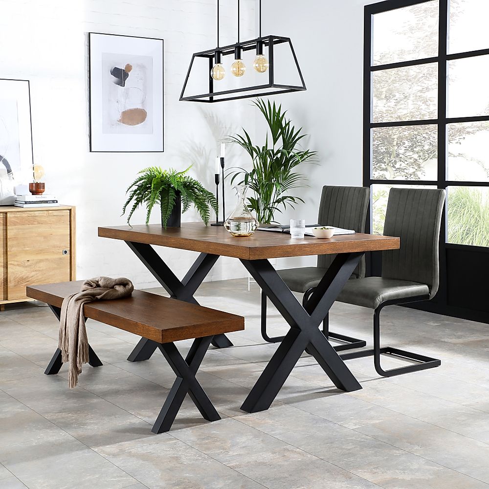 Franklin Industrial Dining Table, Bench & 2 Perth Chairs, Dark Oak Veneer & Black Steel, Vintage Grey Classic Faux Leather, 150cm