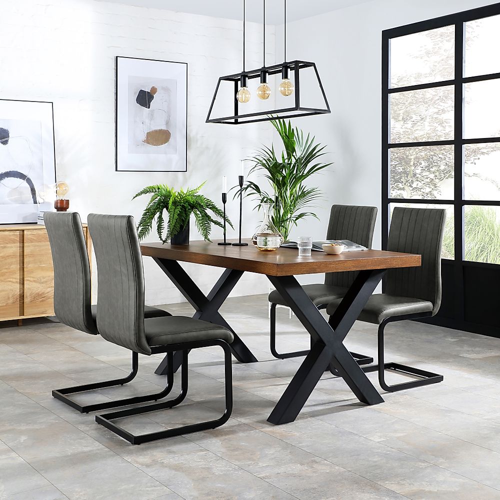 Franklin Industrial Dining Table & 4 Perth Chairs, Dark Oak Veneer & Black Steel, Vintage Grey Classic Faux Leather, 150cm