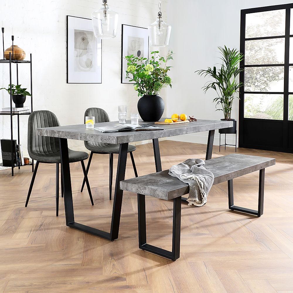 Addison Industrial Dining Table, Bench & 4 Brooklyn Chairs, Grey Concrete Effect & Black Steel, Vintage Grey Classic Faux Leather, 150cm