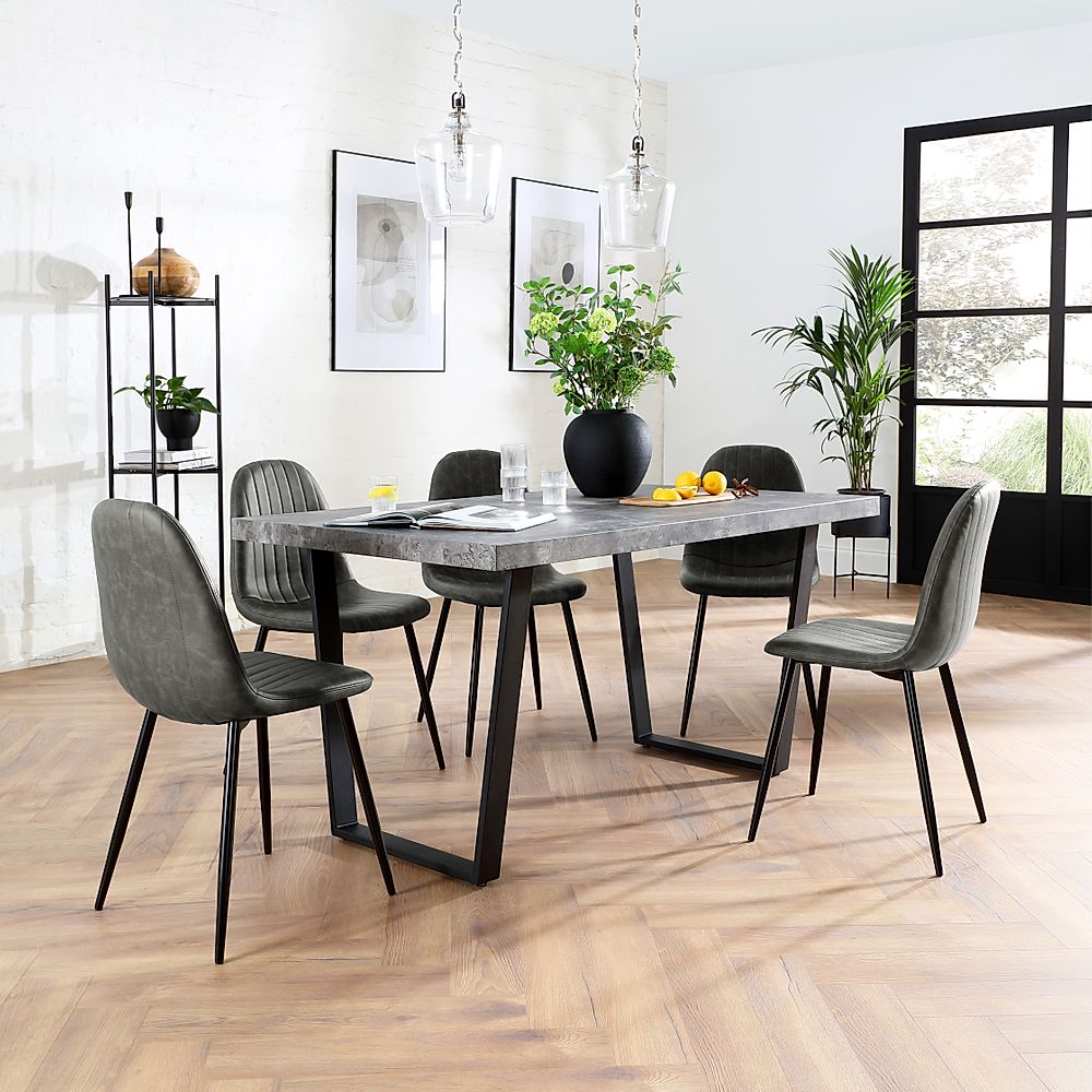 Addison Industrial Dining Table & 4 Brooklyn Chairs, Grey Concrete Effect & Black Steel, Vintage Grey Classic Faux Leather, 150cm