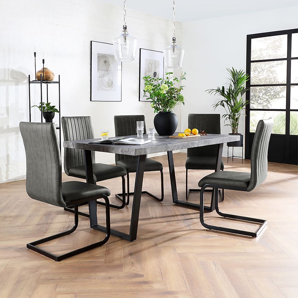 Addison Industrial Dining Table & 4 Perth Chairs, Grey Concrete Effect & Black Steel, Vintage Grey Classic Faux Leather, 150cm