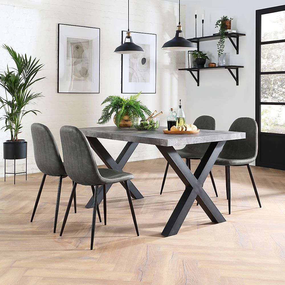 Franklin Industrial Dining Table & 4 Brooklyn Chairs, Grey Concrete Effect & Black Steel, Vintage Grey Classic Faux Leather, 150cm