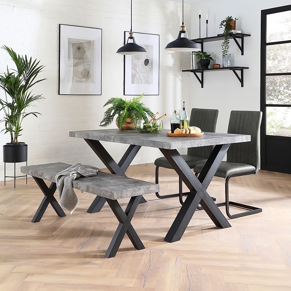 Franklin Industrial Dining Table, Bench & 2 Perth Chairs, Grey Concrete Effect & Black Steel, Vintage Grey Classic Faux Leather, 150cm