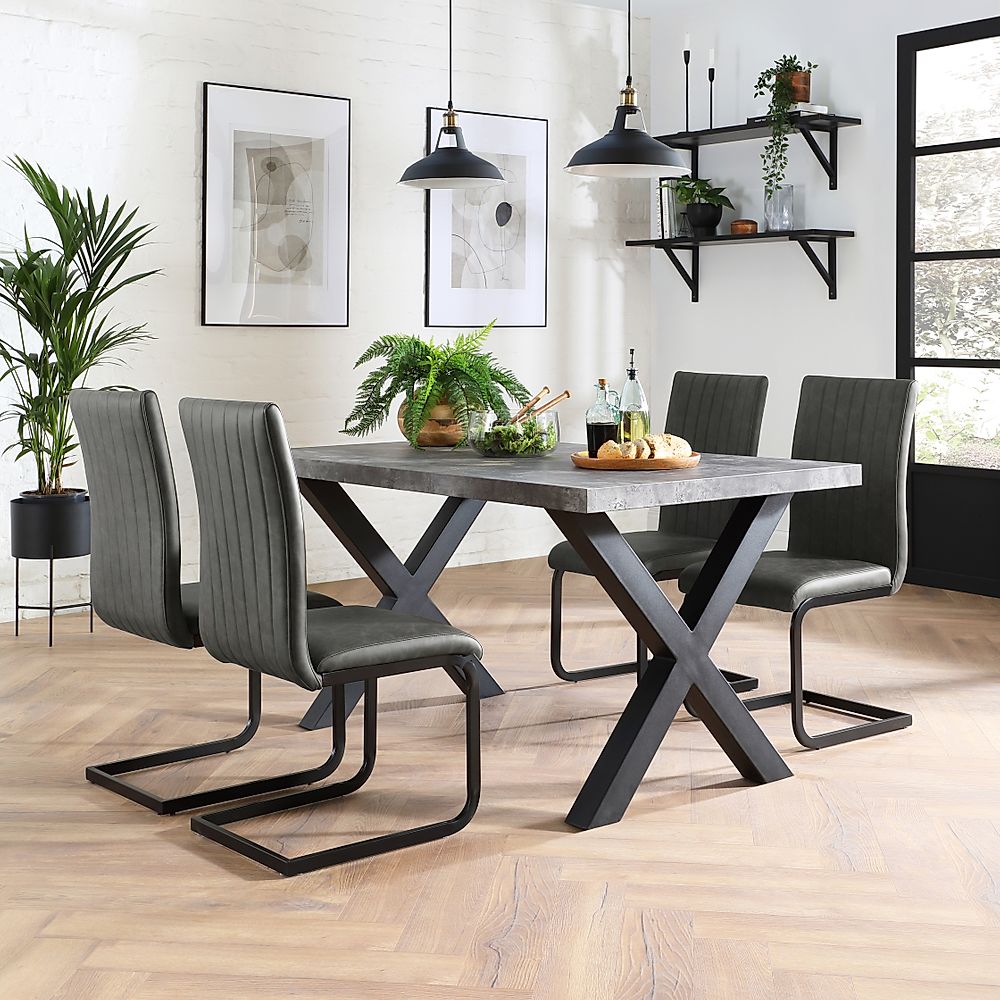 Franklin Industrial Dining Table & 4 Perth Chairs, Grey Concrete Effect & Black Steel, Vintage Grey Classic Faux Leather, 150cm