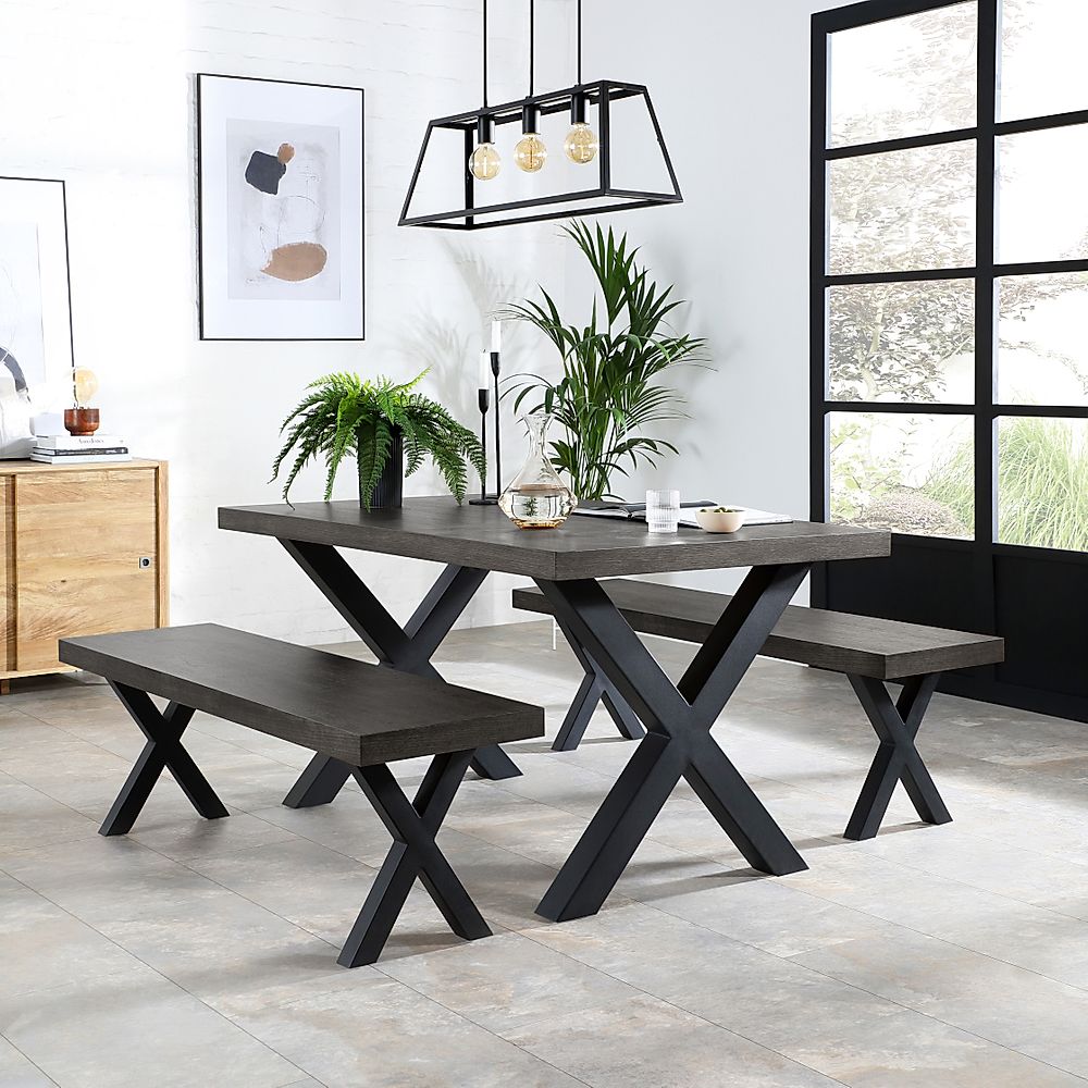 Franklin Industrial Dining Table & 2 Benches, Grey Oak Veneer & Black Steel, 150cm