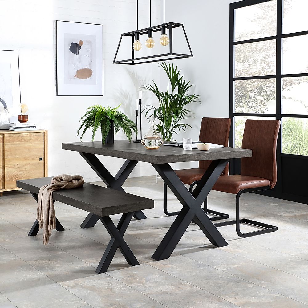 Franklin Dining Table, Bench & 2 Perth Chairs, Grey Oak Veneer & Black Steel, Tan Classic Faux Leather, 150cm