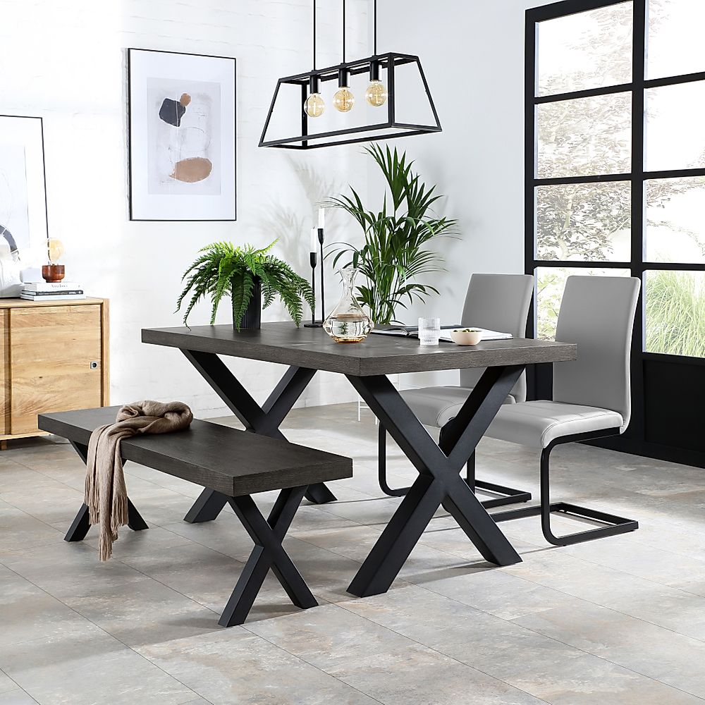 Franklin Dining Table, Bench & 2 Perth Chairs, Grey Oak Veneer & Black Steel, Light Grey Classic Faux Leather, 150cm