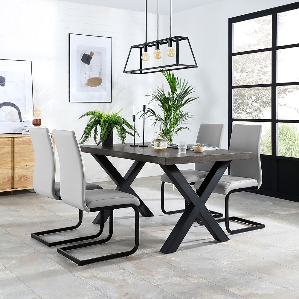 Franklin Dining Table & 4 Perth Chairs, Grey Oak Veneer & Black Steel, Light Grey Classic Faux Leather, 150cm
