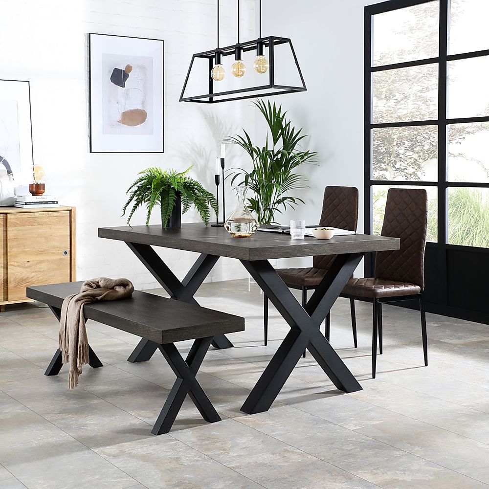Franklin Dining Table, Bench & 2 Renzo Chairs, Grey Oak Veneer & Black Steel, Vintage Brown Classic Faux Leather, 150cm