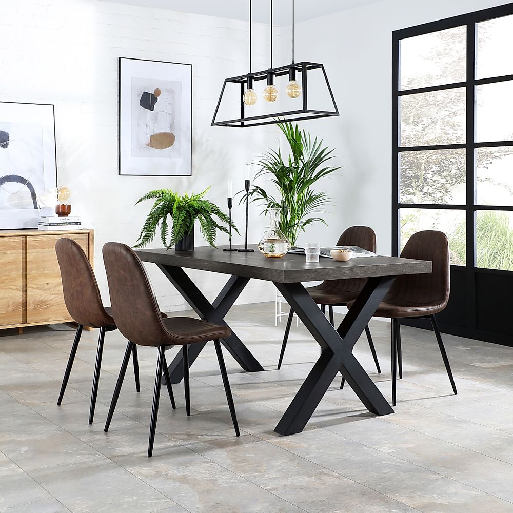 Franklin Dining Table & 4 Brooklyn Chairs, Grey Oak Veneer & Black Steel, Vintage Brown Classic Faux Leather, 150cm