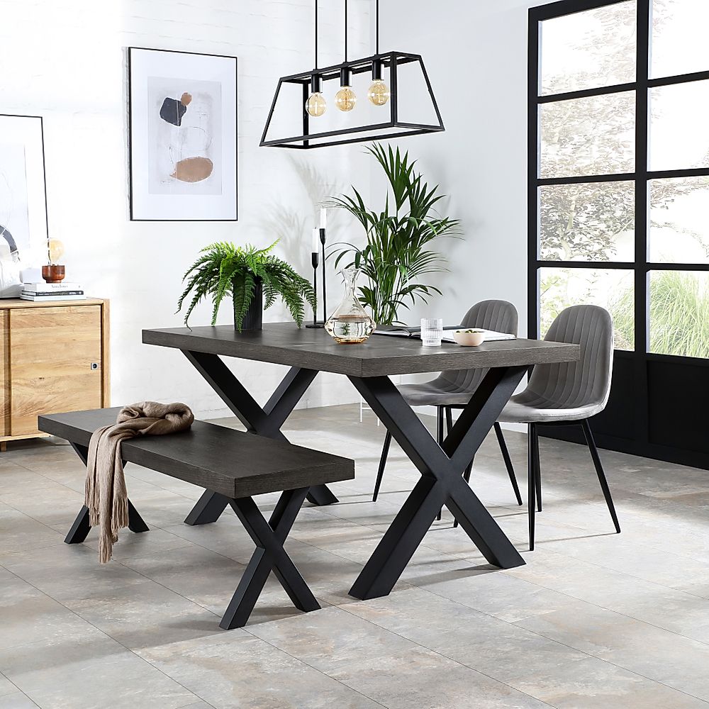 Franklin Dining Table, Bench & 2 Brooklyn Chairs, Grey Oak Veneer & Black Steel, Grey Classic Velvet, 150cm