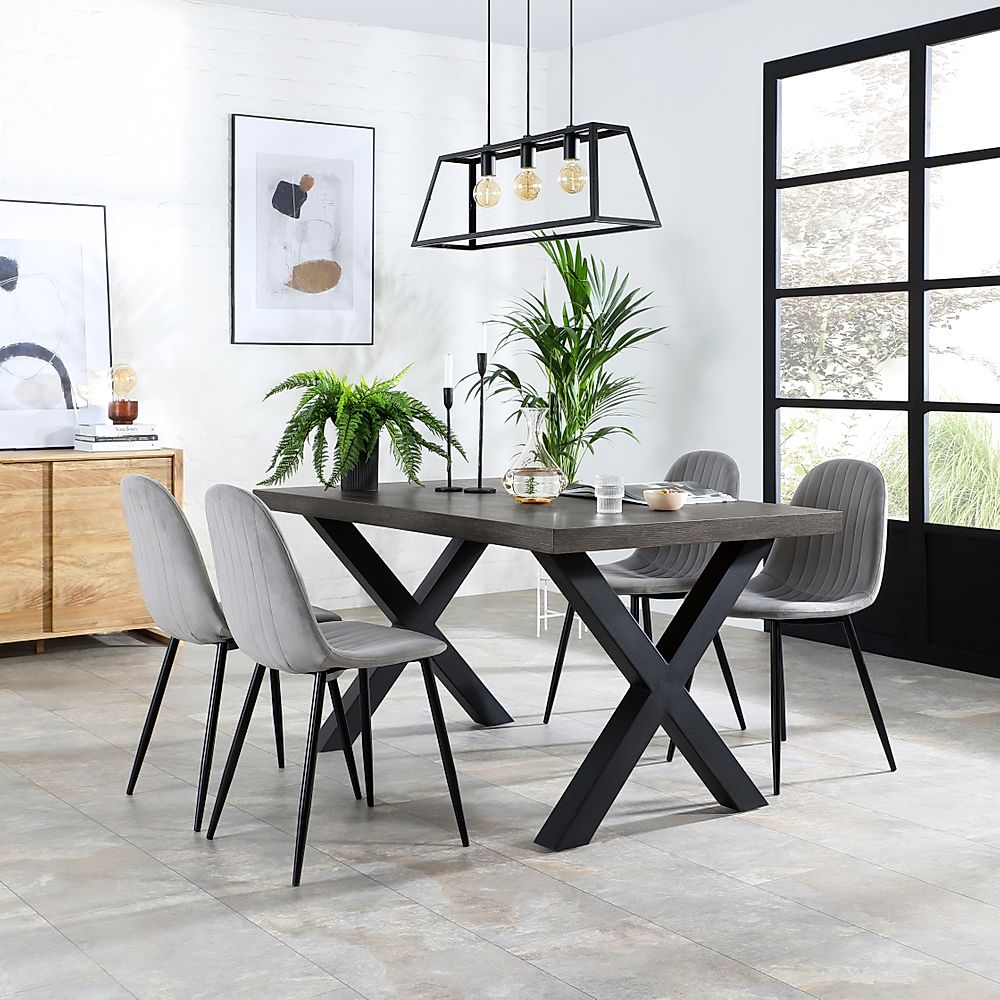 Franklin Dining Table & 4 Brooklyn Chairs, Grey Oak Veneer & Black Steel, Grey Classic Velvet, 150cm
