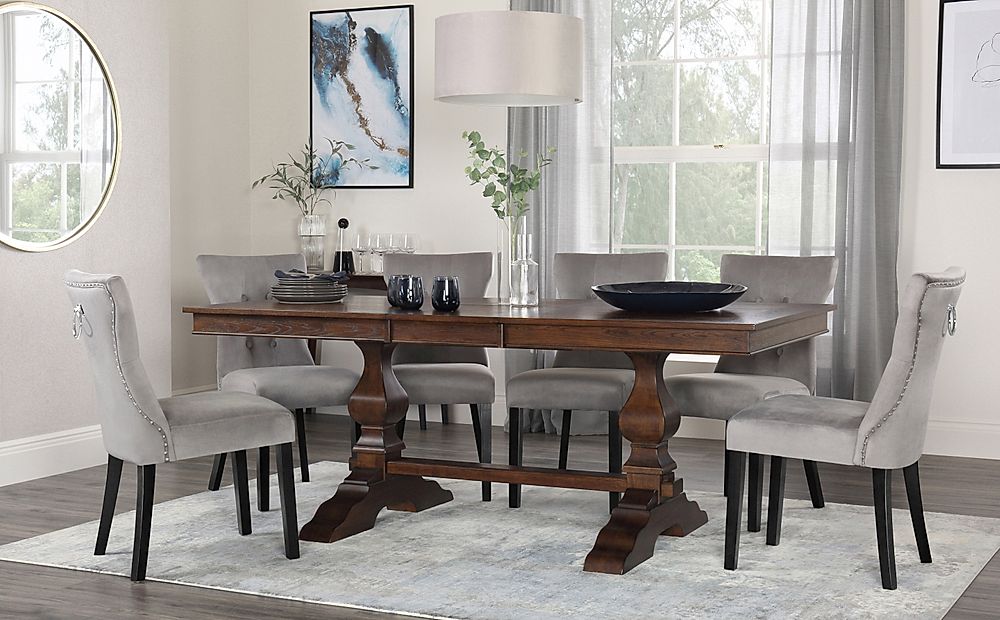 Cavendish Extending Dining Table & 8 Kensington Chairs, Dark Oak Veneer & Solid Hardwood, Grey Classic Velvet & Black Solid Hardwood, 160-200cm