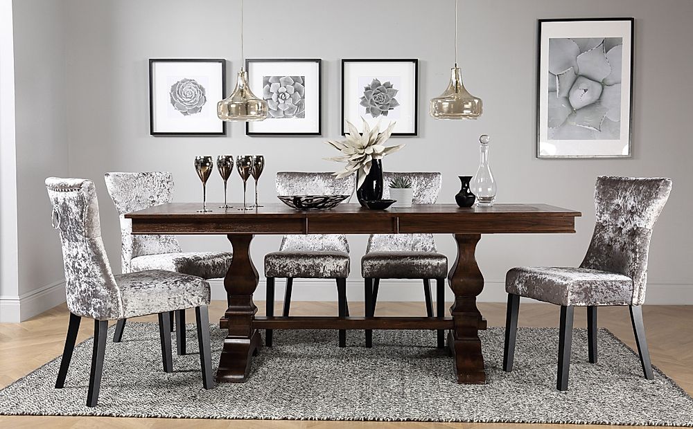 Cavendish Extending Dining Table & 4 Kensington Chairs, Dark Oak Veneer & Solid Hardwood, Silver Crushed Velvet & Black Solid Hardwood, 160-200cm