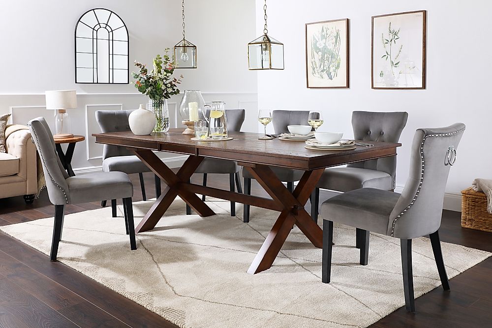 Grange Extending Dining Table & 6 Kensington Chairs, Dark Oak Veneer & Solid Hardwood, Grey Classic Velvet & Black Solid Hardwood, 180-220cm