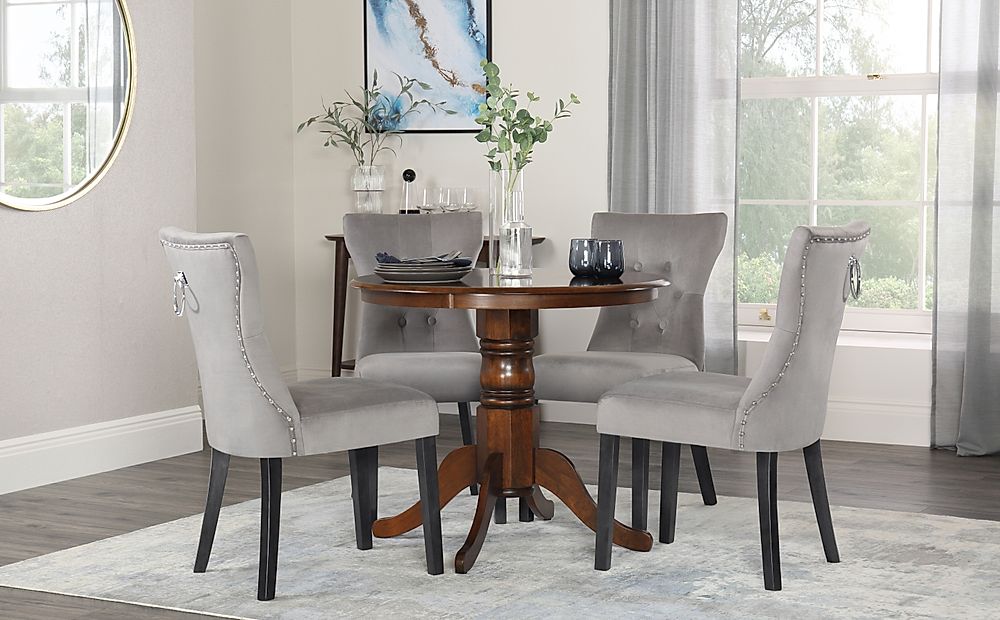 Kingston Round Dining Table & 4 Kensington Chairs, Dark Solid Hardwood, Grey Classic Velvet & Black Solid Hardwood, 90cm
