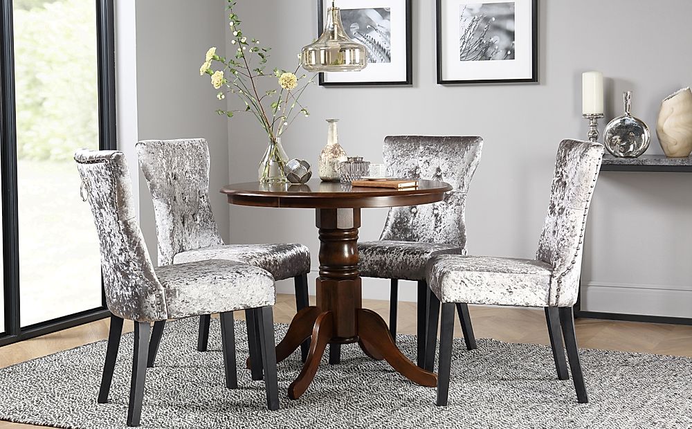 Kingston Round Dining Table & 2 Kensington Chairs, Dark Solid Hardwood, Silver Crushed Velvet & Black Solid Hardwood, 90cm