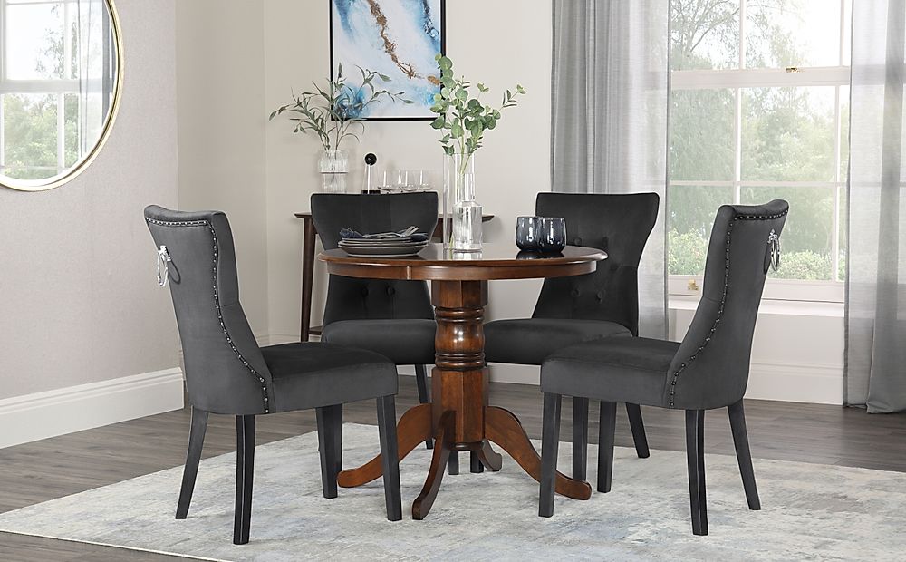 Kingston Round Dark Wood Dining Table, Round Dining Table With Crushed Velvet Chairs
