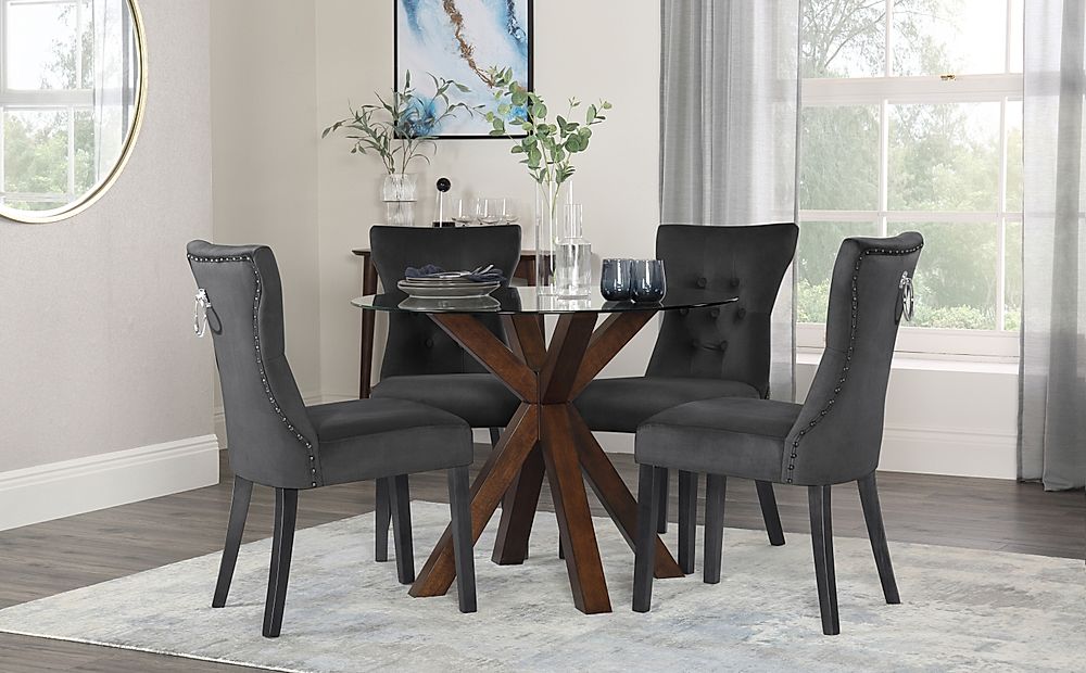 Hatton Round Dining Table & 4 Kensington Chairs, Glass & Dark Solid Hardwood, Black Classic Velvet & Black Solid Hardwood, 100cm