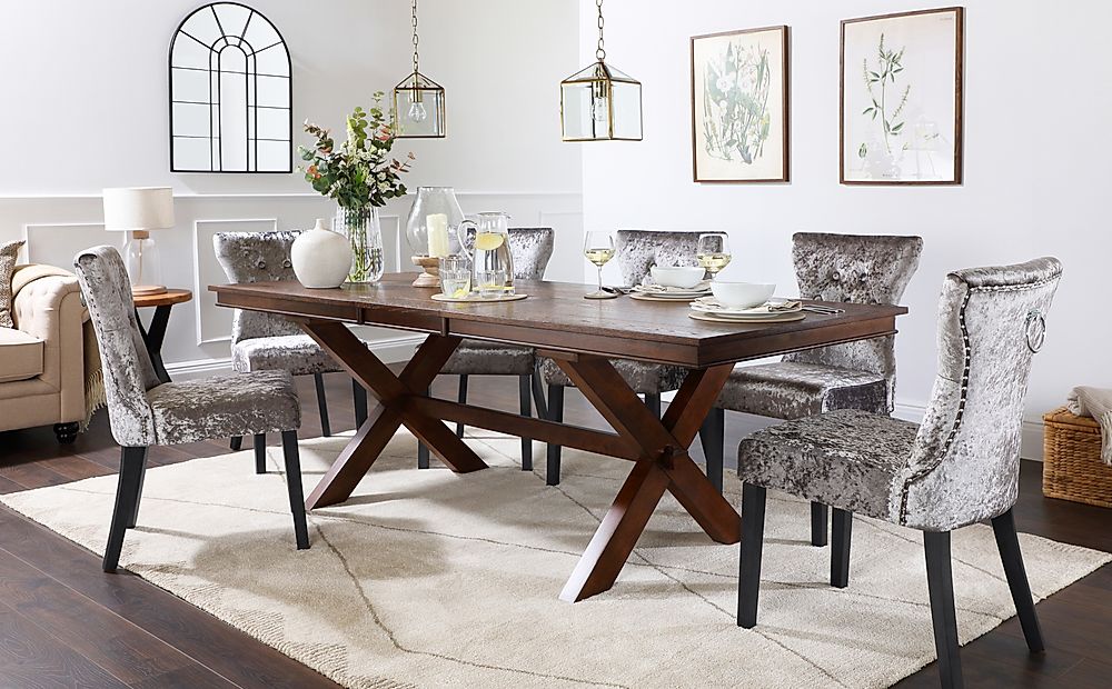 Grange Extending Dining Table & 4 Kensington Chairs, Dark Oak Veneer & Solid Hardwood, Silver Crushed Velvet & Black Solid Hardwood, 180-220cm