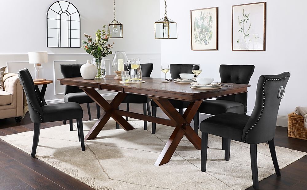 Grange Extending Dining Table & 4 Kensington Chairs, Dark Oak Veneer & Solid Hardwood, Black Classic Velvet & Black Solid Hardwood, 180-220cm