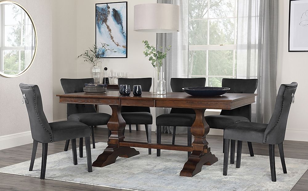 Cavendish Extending Dining Table & 4 Kensington Chairs, Dark Oak Veneer & Solid Hardwood, Black Classic Velvet & Black Solid Hardwood, 160-200cm