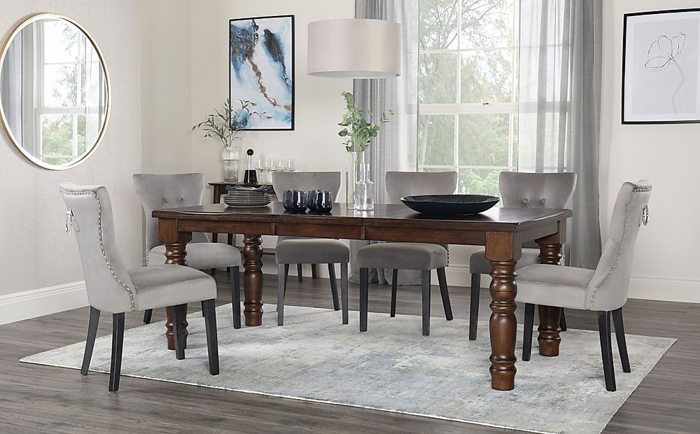 Hampshire Extending Dining Table & 4 Kensington Chairs, Dark Solid Hardwood, Grey Classic Velvet & Black Solid Hardwood, 150-200cm
