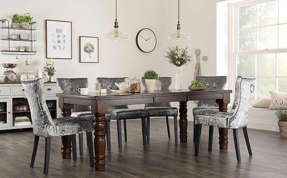 Hampshire Extending Dining Table & 4 Kensington Chairs, Dark Solid Hardwood, Silver Crushed Velvet & Black Solid Hardwood, 150-200cm