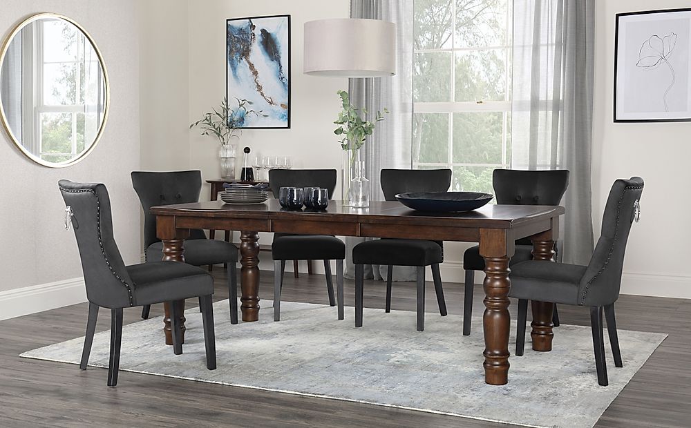 Hampshire Extending Dining Table & 4 Kensington Chairs, Dark Solid Hardwood, Black Classic Velvet & Black Solid Hardwood, 150-200cm