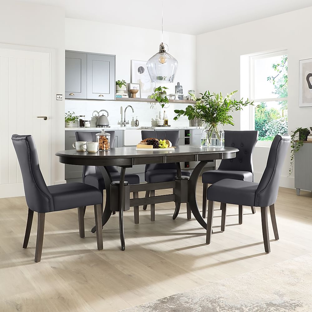 Townhouse Oval Extending Dining Table & 4 Bewley Chairs, Grey Solid Hardwood, Grey Classic Faux Leather, 150-180cm