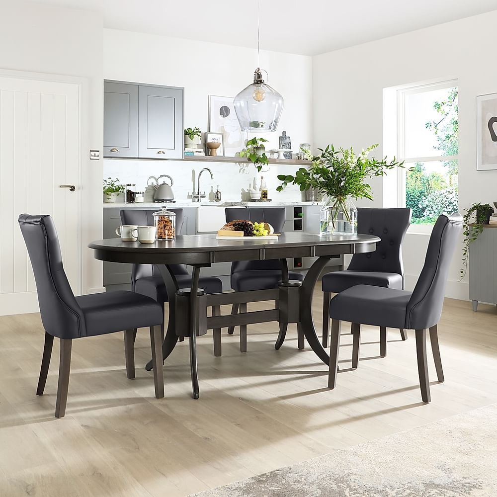 Townhouse Oval Extending Dining Table & 6 Bewley Chairs, Grey Solid Hardwood, Grey Classic Faux Leather, 150-180cm