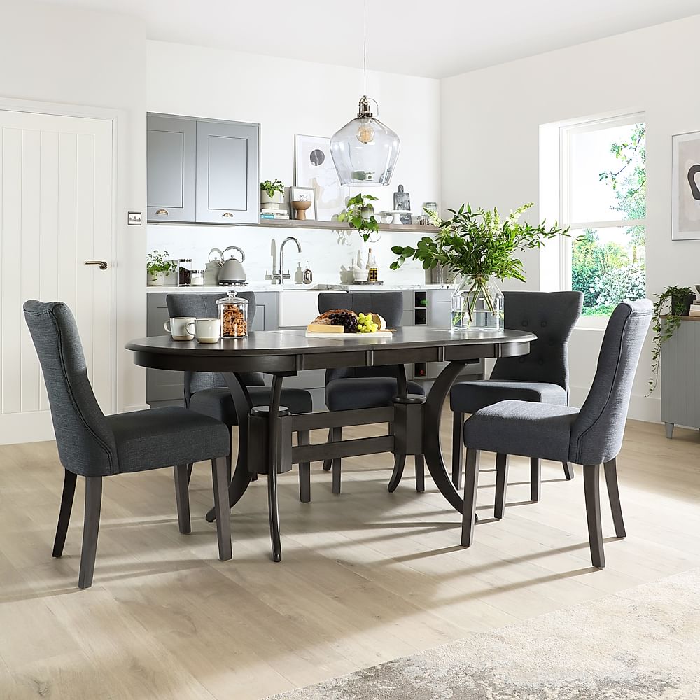Townhouse Oval Extending Dining Table & 6 Bewley Chairs, Grey Solid Hardwood, Slate Grey Classic Linen-Weave Fabric, 150-180cm