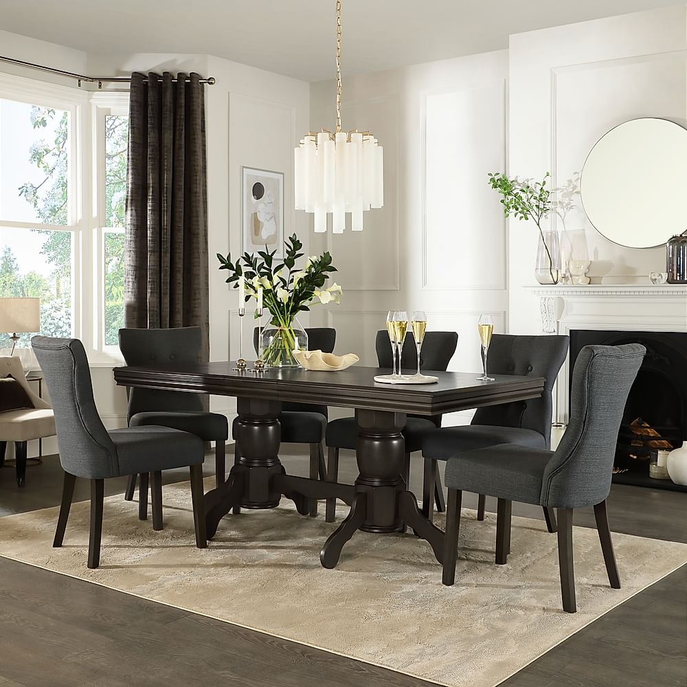 Chatsworth Extending Dining Table & 6 Bewley Chairs, Grey Birch Veneer & Solid Hardwood, Slate Grey Classic Linen-Weave Fabric & Grey Solid Hardwood, 150-180cm