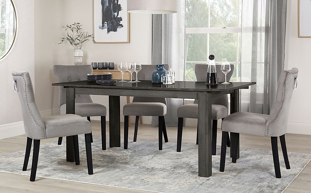 Bali Extending Dining Table & 4 Kensington Chairs, Grey Solid Hardwood, Grey Classic Velvet & Black Solid Hardwood, 150-180cm