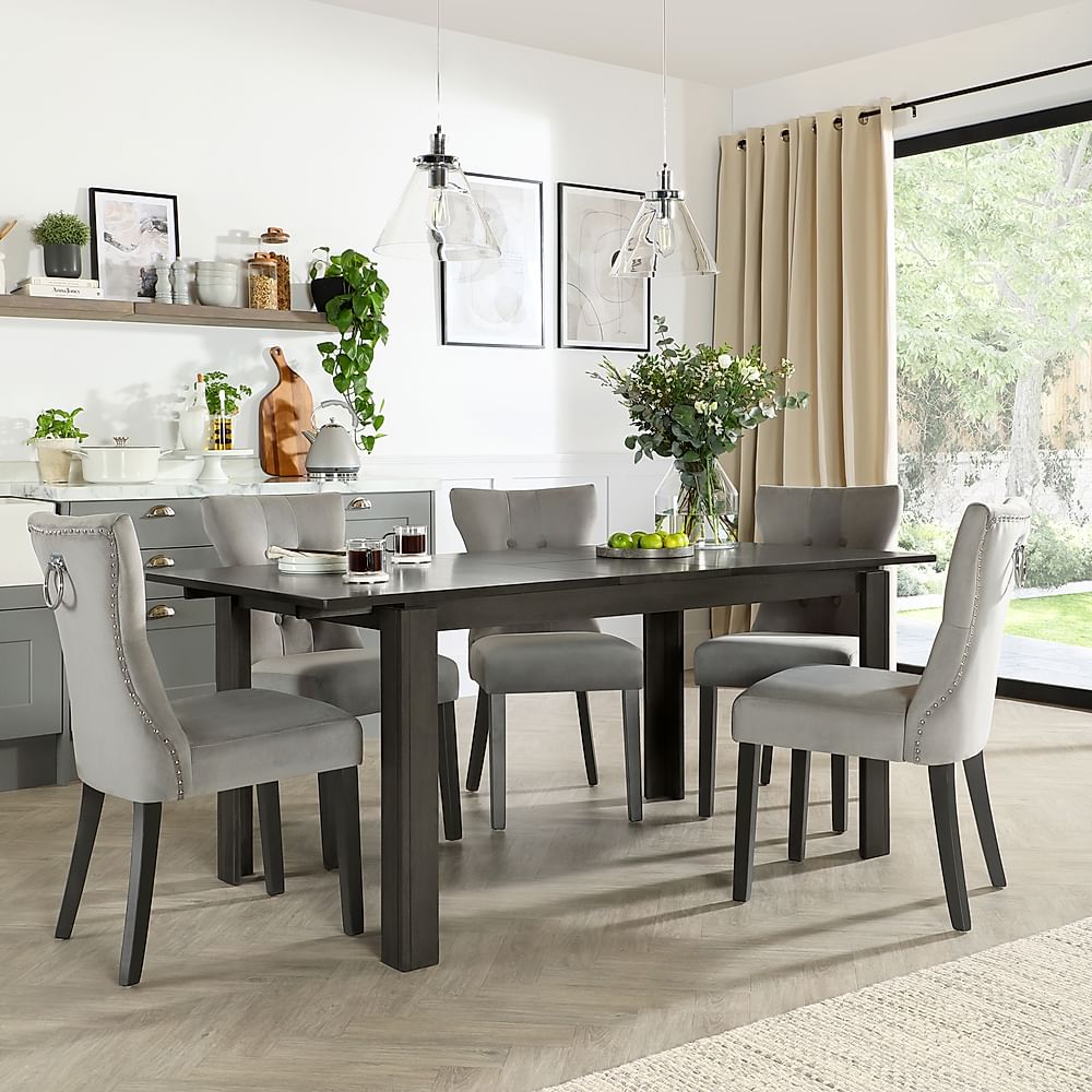 Bali Extending Dining Table & 4 Kensington Chairs, Grey Solid Hardwood, Grey Classic Velvet & Black Solid Hardwood, 150-180cm