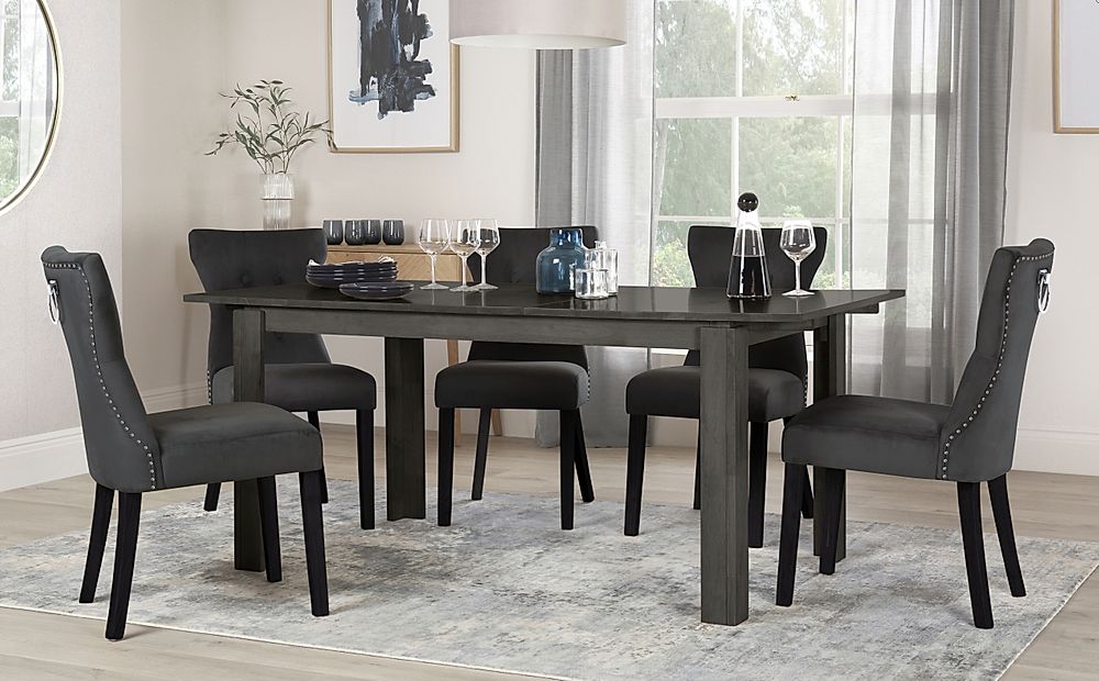 Bali Extending Dining Table & 4 Kensington Chairs, Grey Solid Hardwood, Black Classic Velvet & Black Solid Hardwood, 150-180cm