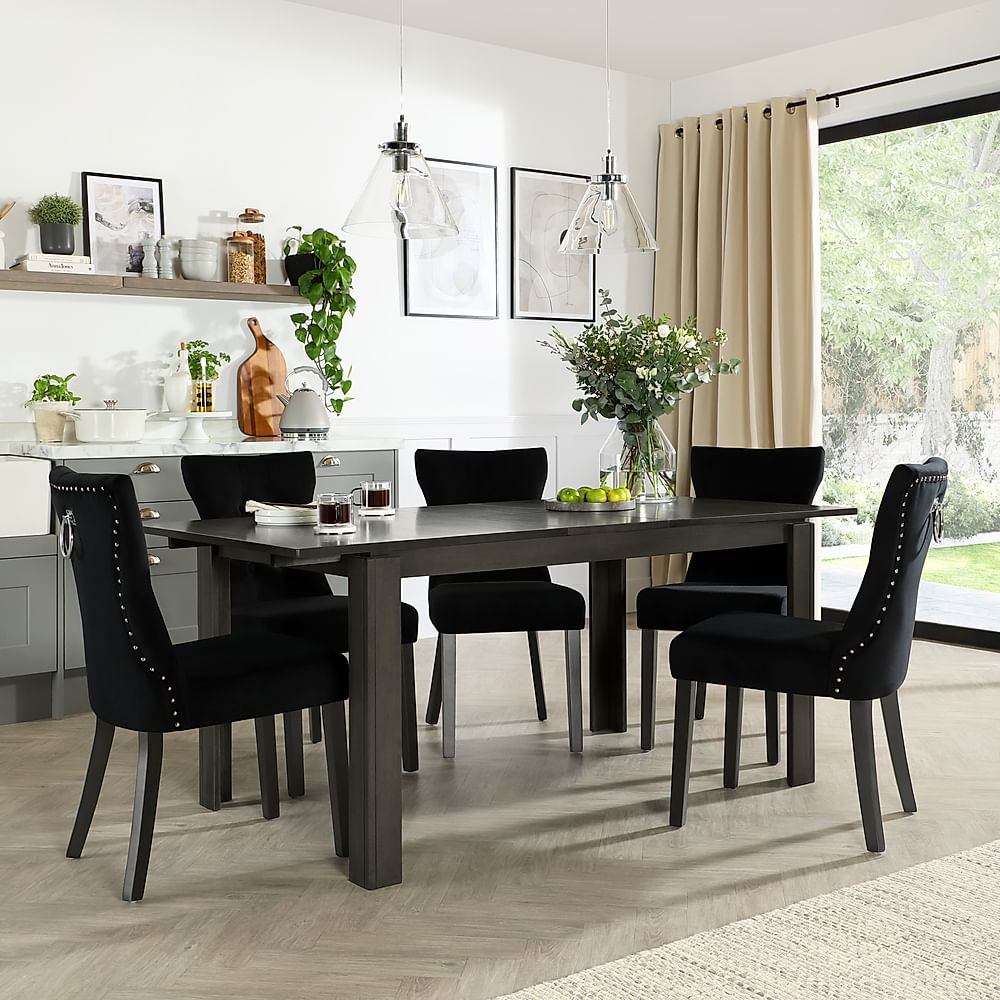 Bali Extending Dining Table & 4 Kensington Chairs, Grey Solid Hardwood, Black Classic Velvet & Black Solid Hardwood, 150-180cm